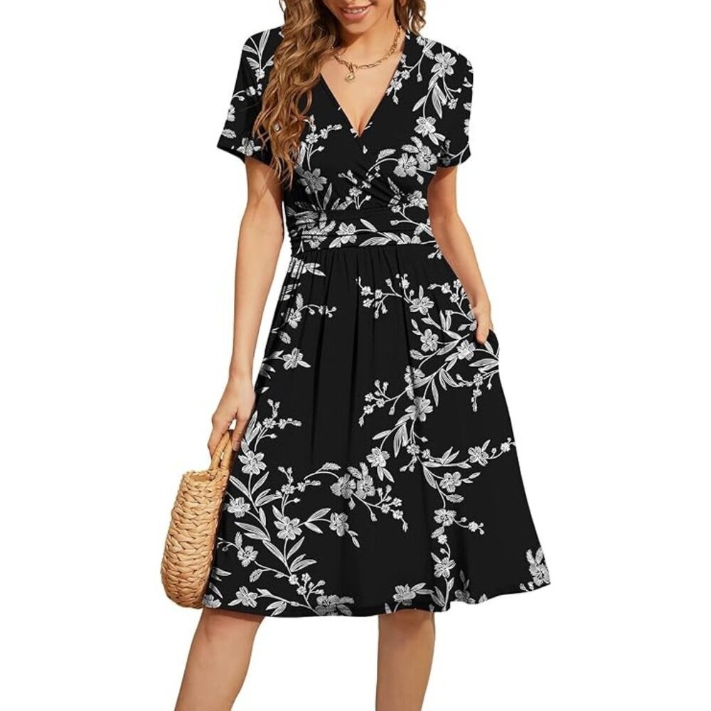 Weaczzy Floral Faux Wrap Dress Womens 2XL Short Sleeve Black White Fairygoth NEW